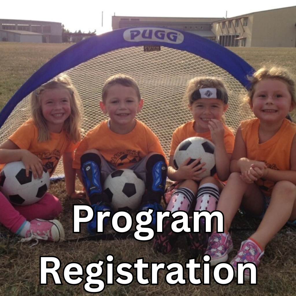 Program Registration, picture of four children soccer players with soccer goal and soccer ball